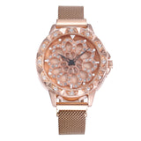 Luxury Rose Gold Watch Women Special Design 360 Degrees Rotation Diamond Dial Watches Mesh Magnet Starry Sky Ladies Watch Quartz
