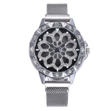 Luxury Rose Gold Watch Women Special Design 360 Degrees Rotation Diamond Dial Watches Mesh Magnet Starry Sky Ladies Watch Quartz
