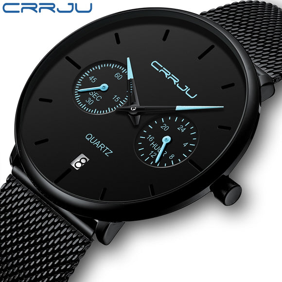 Mens Watches CRRJU Full Steel Casual Waterproof Watch for Man Sport Quartz Watch Men's Dress Calendar Watch Relogio Masculino