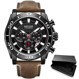 MEGIR Men's Army Sports Chronograph Quartz Watches Leather Strap Luminous Waterproof Wristwatch Man Relogios Clock 2094 Silver