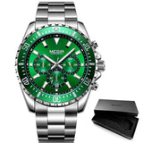 MEGIR Men's Chronograph Quartz Watches Stainless Steel Waterproof Lumious Analogue 24-hour Wristwatch for Man Green Dial 2064G-9