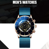 Luxury Men's Fashion Business Calendar Watches Blue Stainless Steel Mesh Belt Analog Quartz Watch relogio masculino