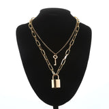 Pad lock punk necklace with key padlock chain necklace pendant women men goth jewelry black/gold/silver chains jewellery