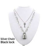 Pad lock punk necklace with key padlock chain necklace pendant women men goth jewelry black/gold/silver chains jewellery