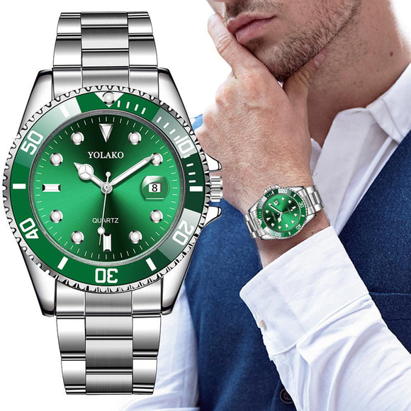 Luxury Men's Watch Stainless Steel Waterproof Clock Male Quartz Calendar Wristwatches Fashion Sport Green Dial Watch reloj hombr