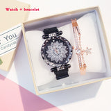 Women Mesh Magnet Buckle Lucky Flower Watches + bracelet set Luxury Ladies Rhinestone Quartz Watch Starry sky Relogio Feminino