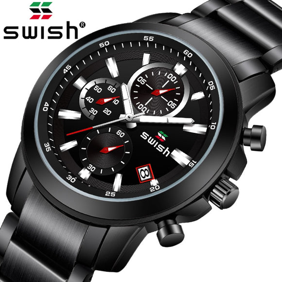 SWISH New Product Men's Fashion Watch Men's Sports Waterproof Black All Steel Quartz Watch Men's Clock Watch Relogio Masculino