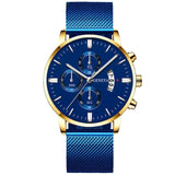 2020 Men's Fashion Business Calendar Watches Luxury Blue Stainless Steel Mesh Belt Analog Quartz Watch relogio masculino