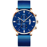 2020 Men's Fashion Business Calendar Watches Luxury Blue Stainless Steel Mesh Belt Analog Quartz Watch relogio masculino