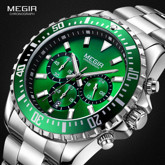 MEGIR Men's Chronograph Quartz Watches Stainless Steel Waterproof Lumious Analogue 24-hour Wristwatch for Man Green Dial 2064G-9