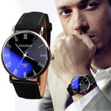 Top selling Relojes Hombre Fashion Black Brown Casual Faux Leather Mens Blue Ray Glass Quartz Analog Watches Wholesale