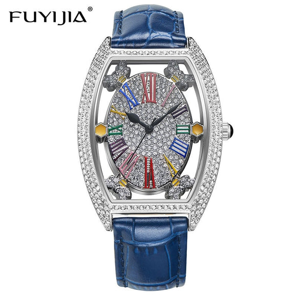 FUYIJIA New Hollow Barrel Type Female Watch Leather Belt Woman Quartz Watch Rose Gold Full Diamond Roman Numerals Fashion Watch