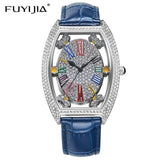 FUYIJIA New Hollow Barrel Type Female Watch Leather Belt Woman Quartz Watch Rose Gold Full Diamond Roman Numerals Fashion Watch