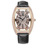 FUYIJIA New Hollow Barrel Type Female Watch Leather Belt Woman Quartz Watch Rose Gold Full Diamond Roman Numerals Fashion Watch