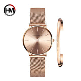 Women Watch 1 set Bracelet Japan Quartz Movement Simple Waterproof Rose Gold Stainless Steel Mesh Ladies watch relogio feminino